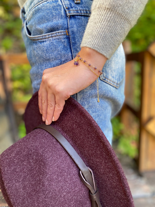 Amethyst & Glass Bead Bracelet In Gold Plate