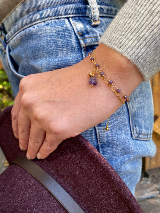 Amethyst & Glass Bead Bracelet In Gold Plate