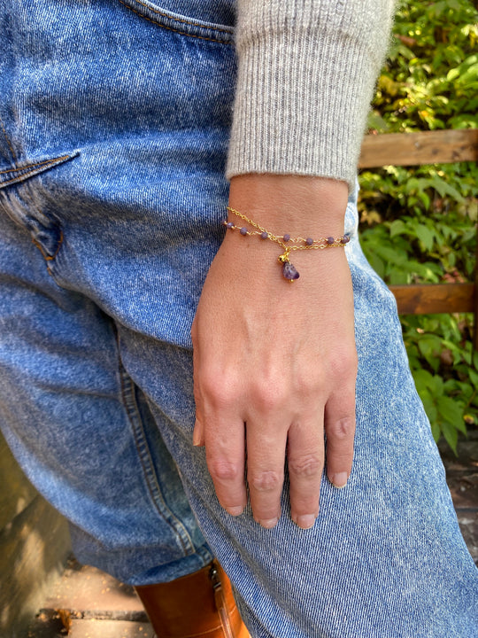 Amethyst & Glass Bead Bracelet In Gold Plate