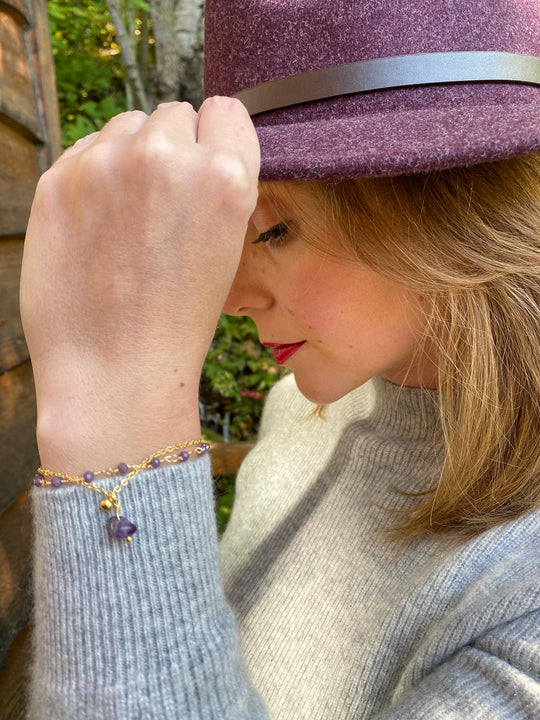 Amethyst & Glass Bead Bracelet In Gold Plate