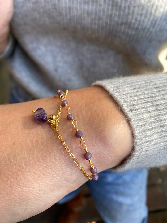 Amethyst & Glass Bead Bracelet In Gold Plate