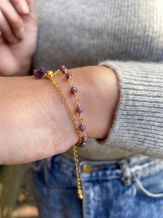 Amethyst & Glass Bead Bracelet In Gold Plate