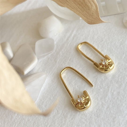 Star Studded Safety Pin Style Earrings in Gold