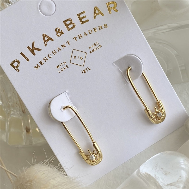 Star Studded Safety Pin Style Earrings in Gold