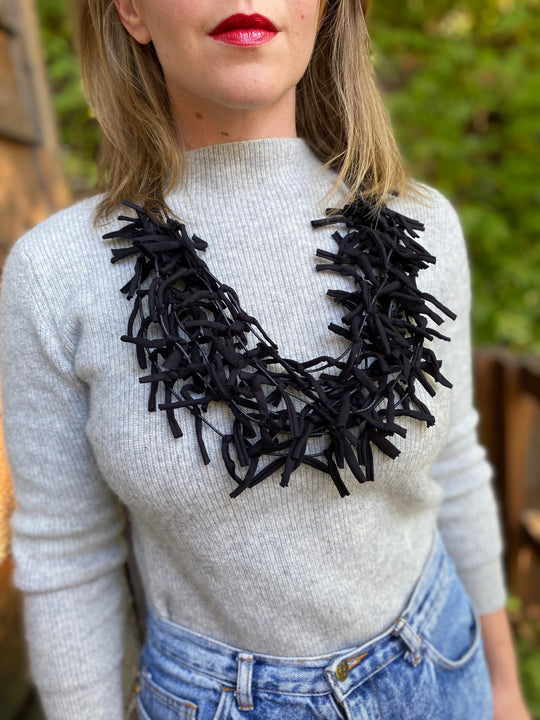 Multi Strand Knotted Fabric Necklace - Black