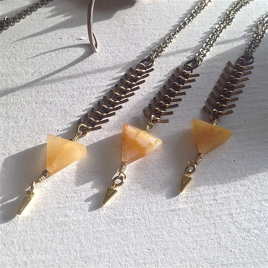 Honey Jade Raw Brass Herringbone Fish Necklace