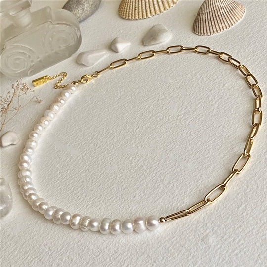 Freshwater Pearl and Gold Paperclip Chain Necklace