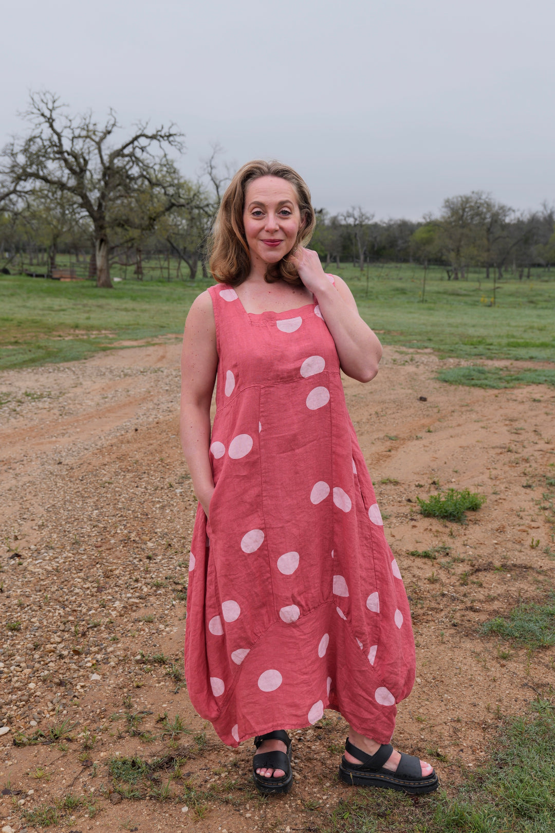 French Linen Dress - Polka Dot Rose