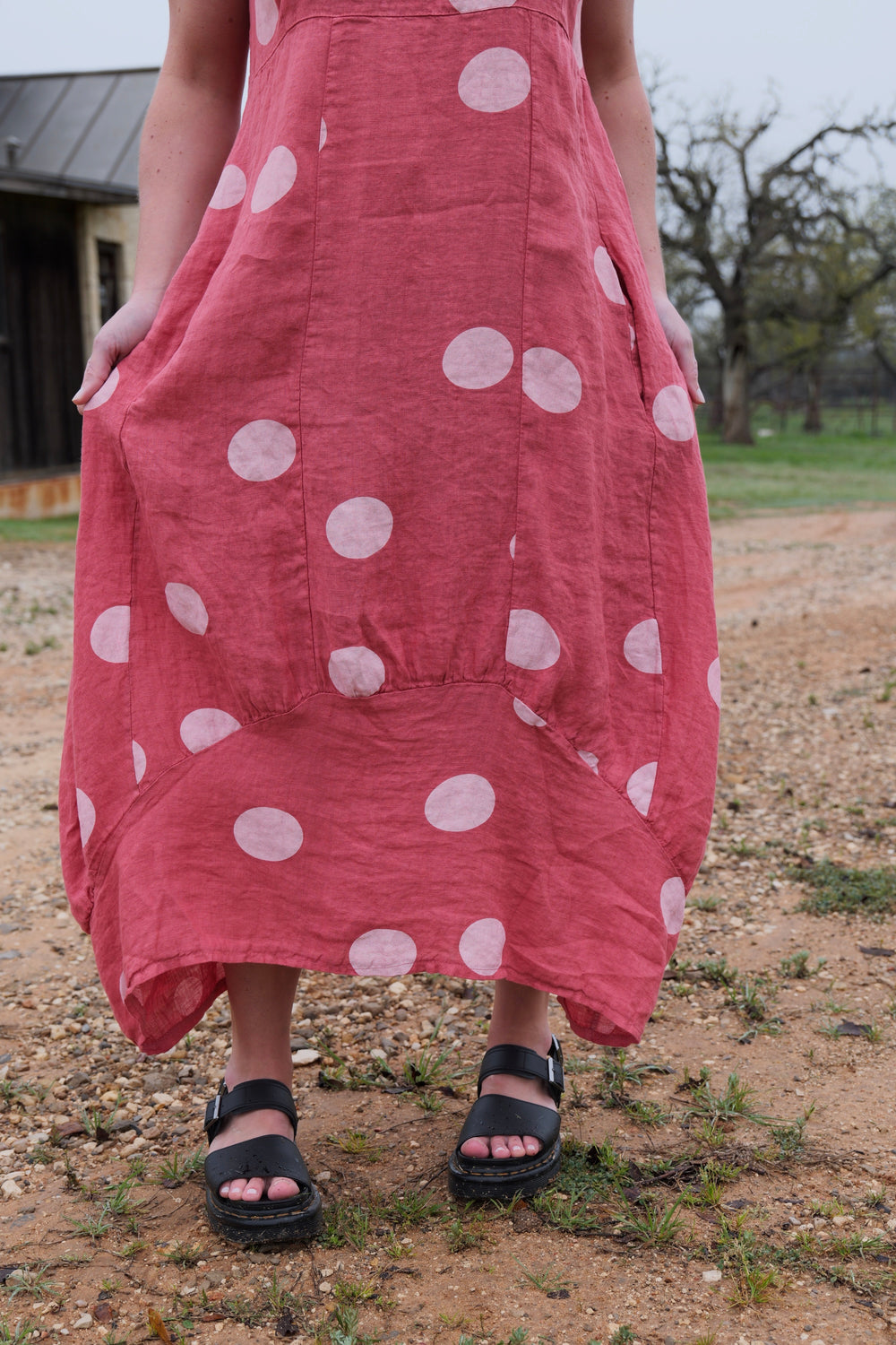 French Linen Dress - Polka Dot Rose