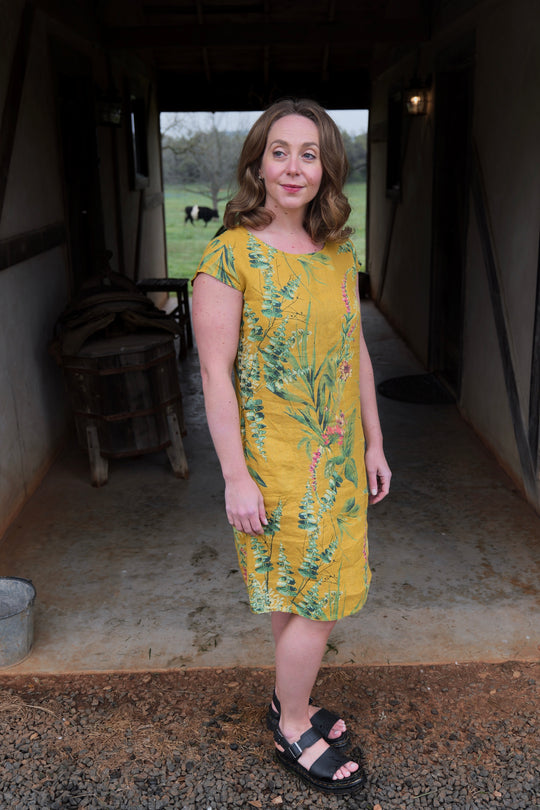 French Linen Dress - Yellow Botanical