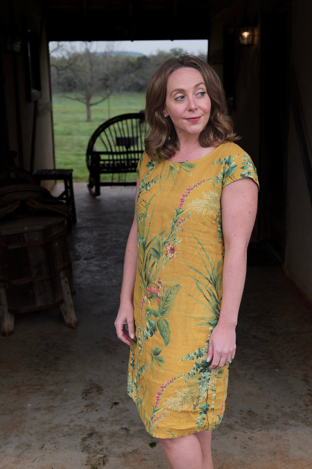 French Linen Dress - Yellow Botanical