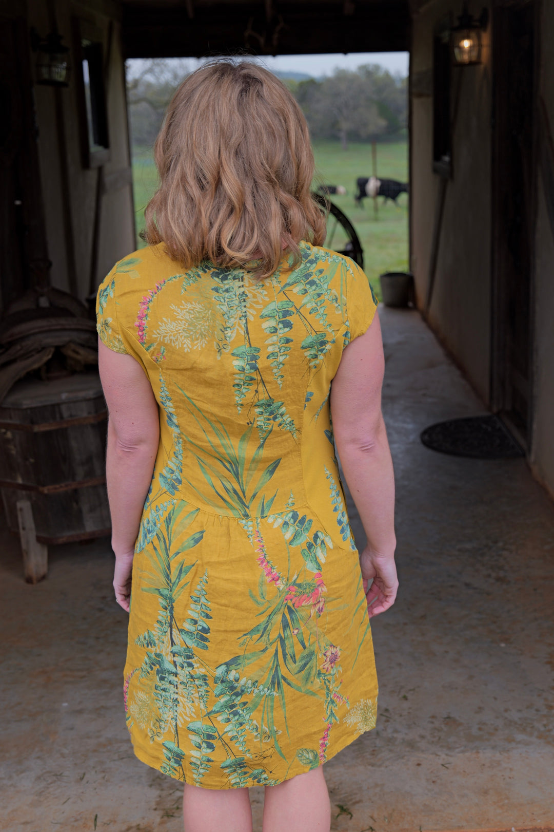 French Linen Dress - Yellow Botanical