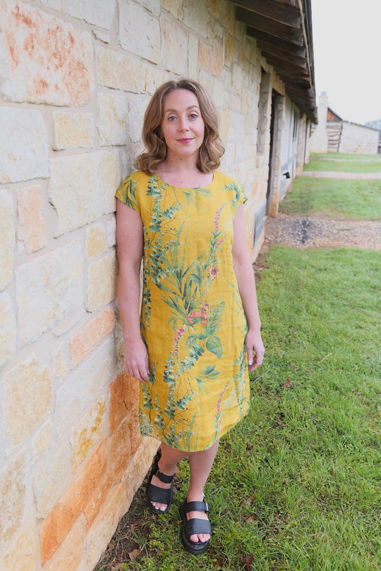 French Linen Dress - Yellow Botanical