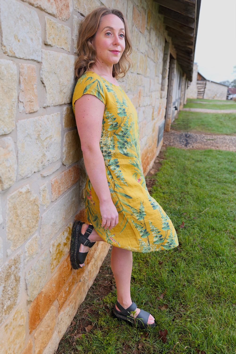 French Linen Dress - Yellow Botanical