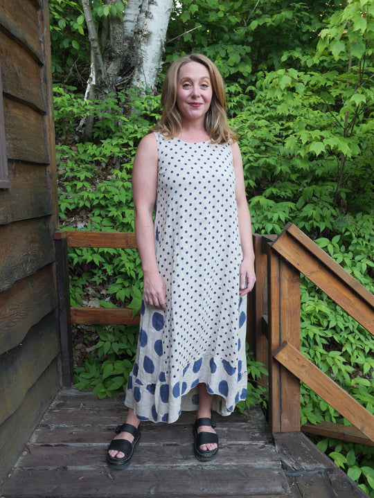 Linen Polka Dot Dress - Blue