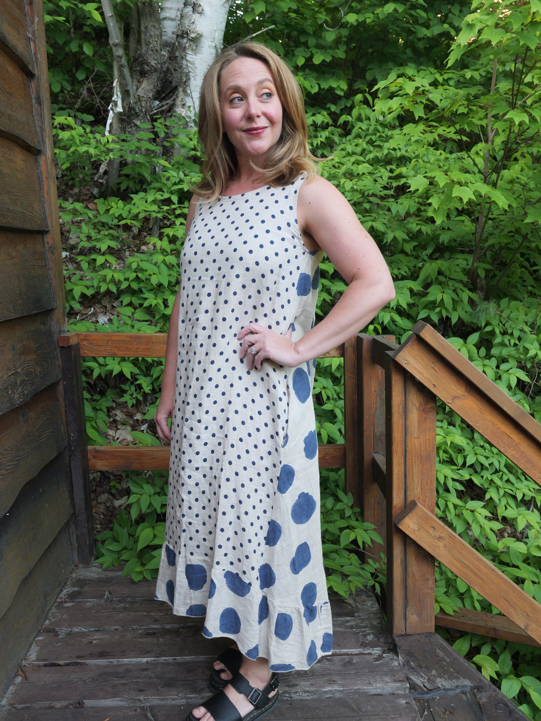 Linen Polka Dot Dress - Blue