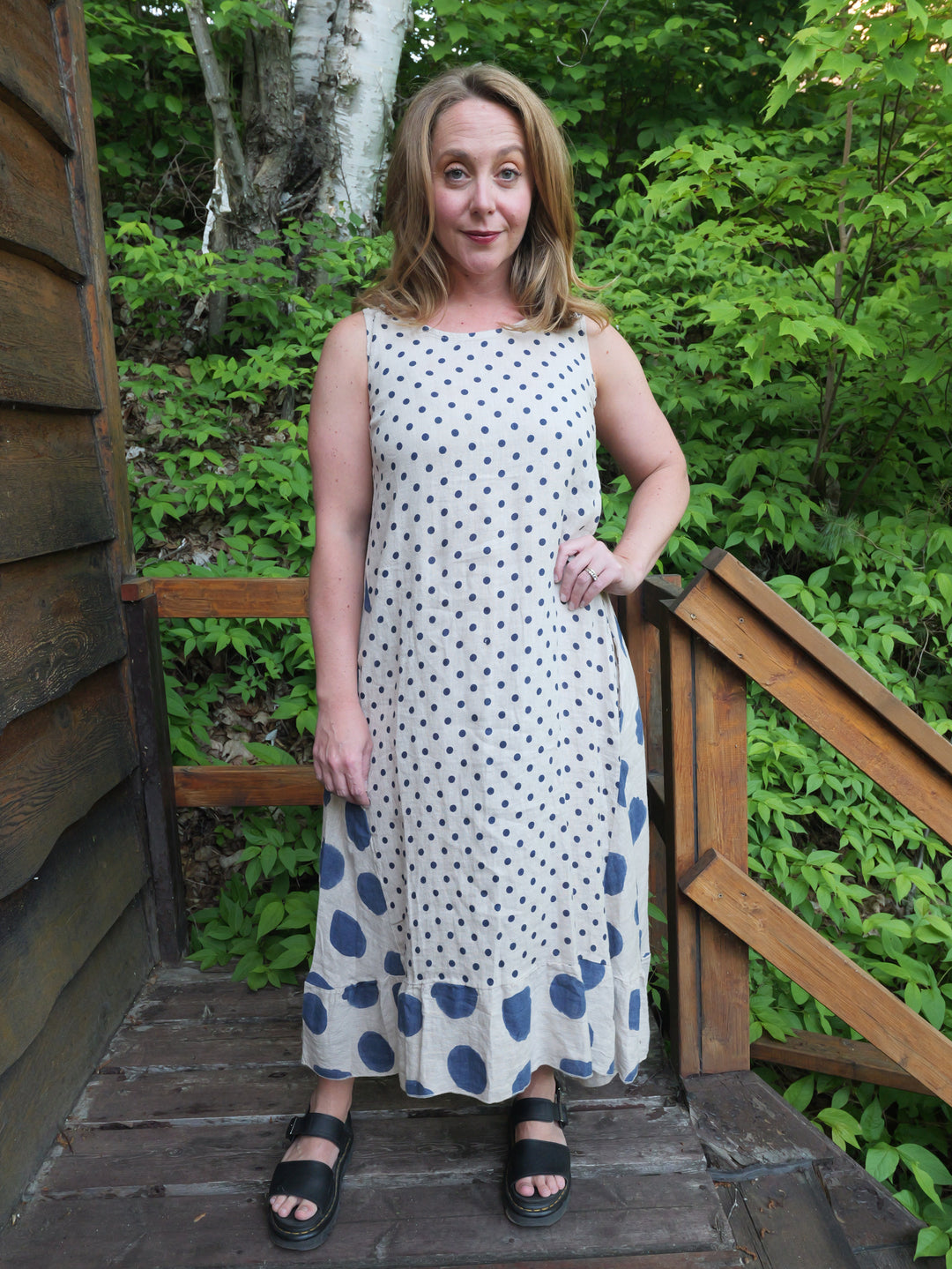 Linen Polka Dot Dress - Blue