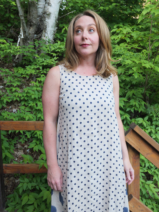 Linen Polka Dot Dress - Blue