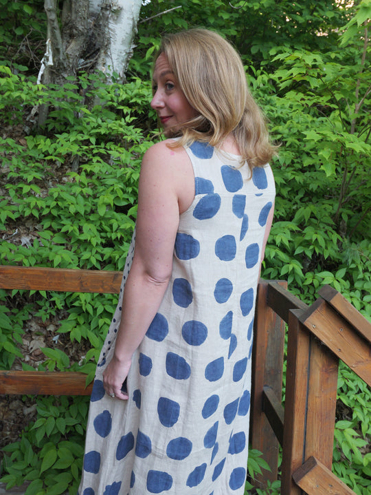 Linen Polka Dot Dress - Blue