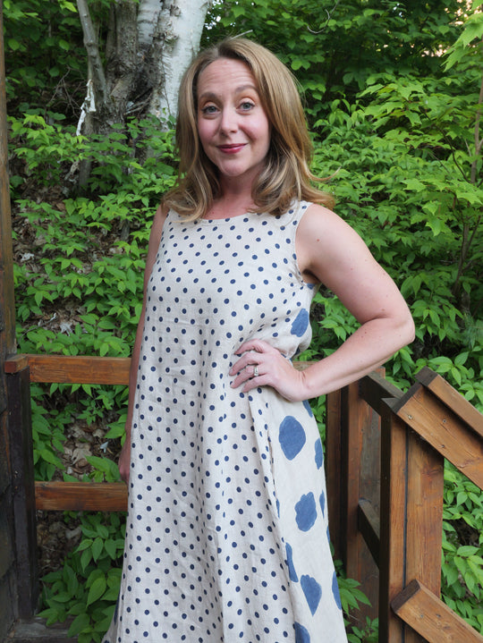 Linen Polka Dot Dress - Blue