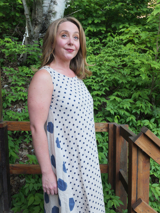 Linen Polka Dot Dress - Blue