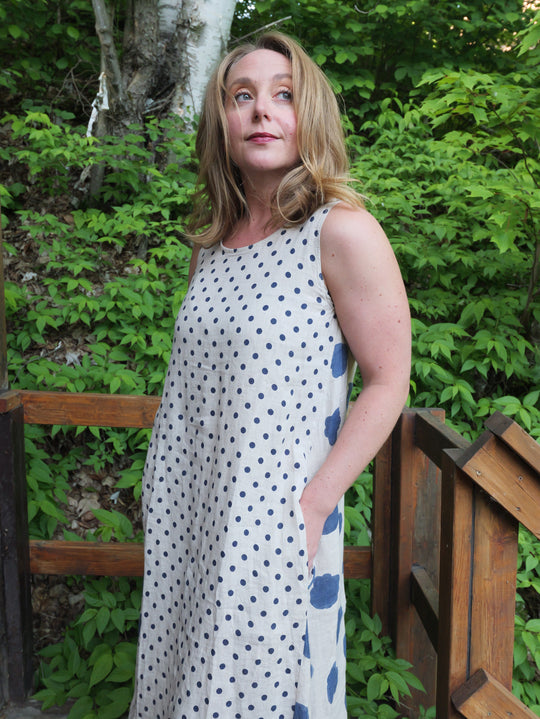 Linen Polka Dot Dress - Blue