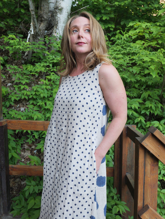 Linen Polka Dot Dress - Blue