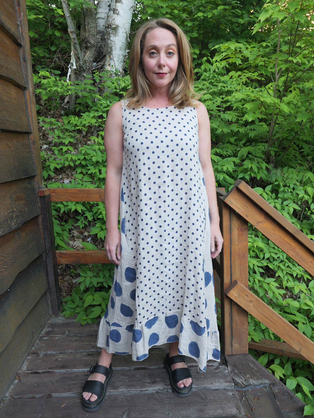 Linen Polka Dot Dress - Blue