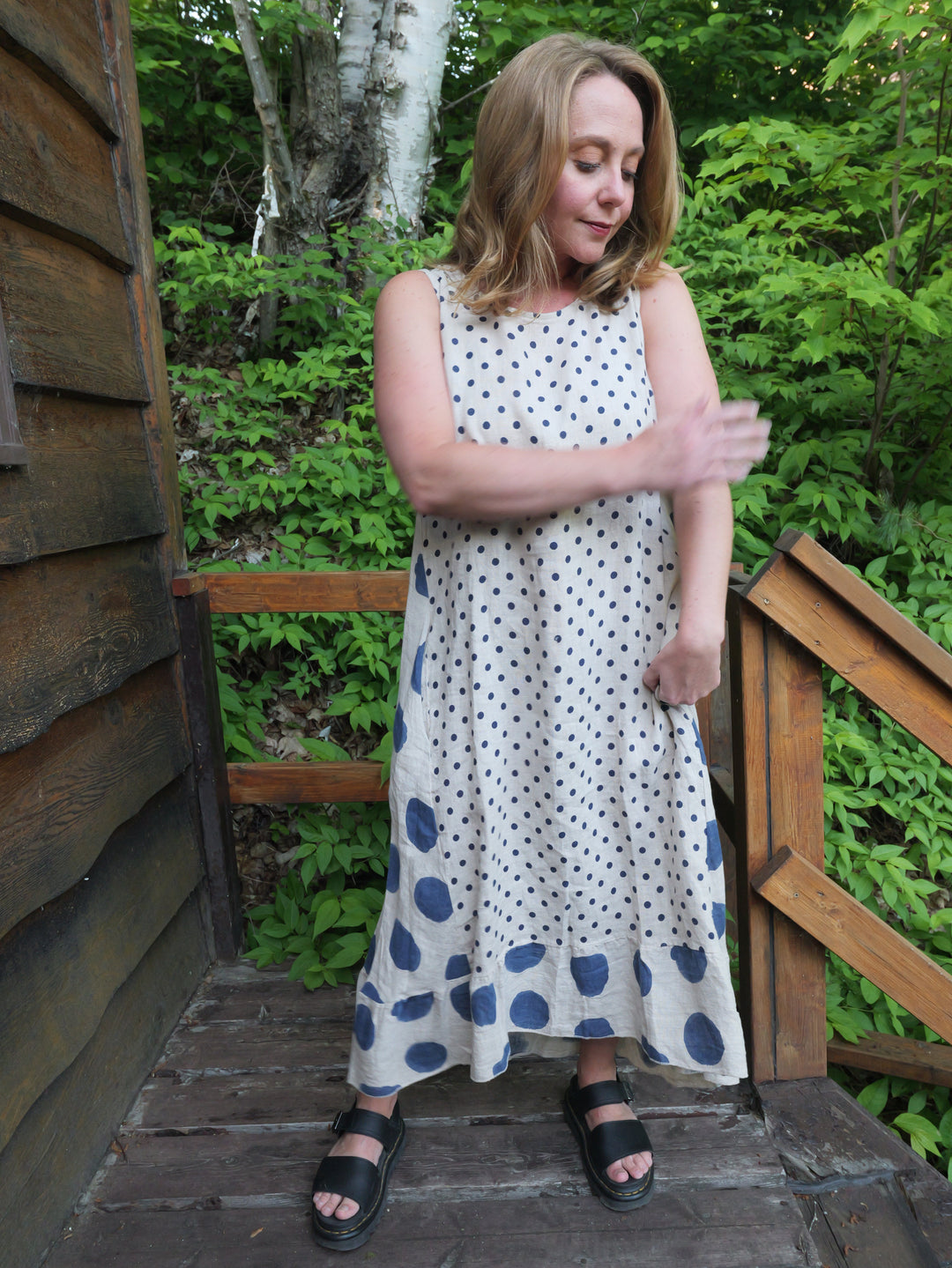 Linen Polka Dot Dress - Blue