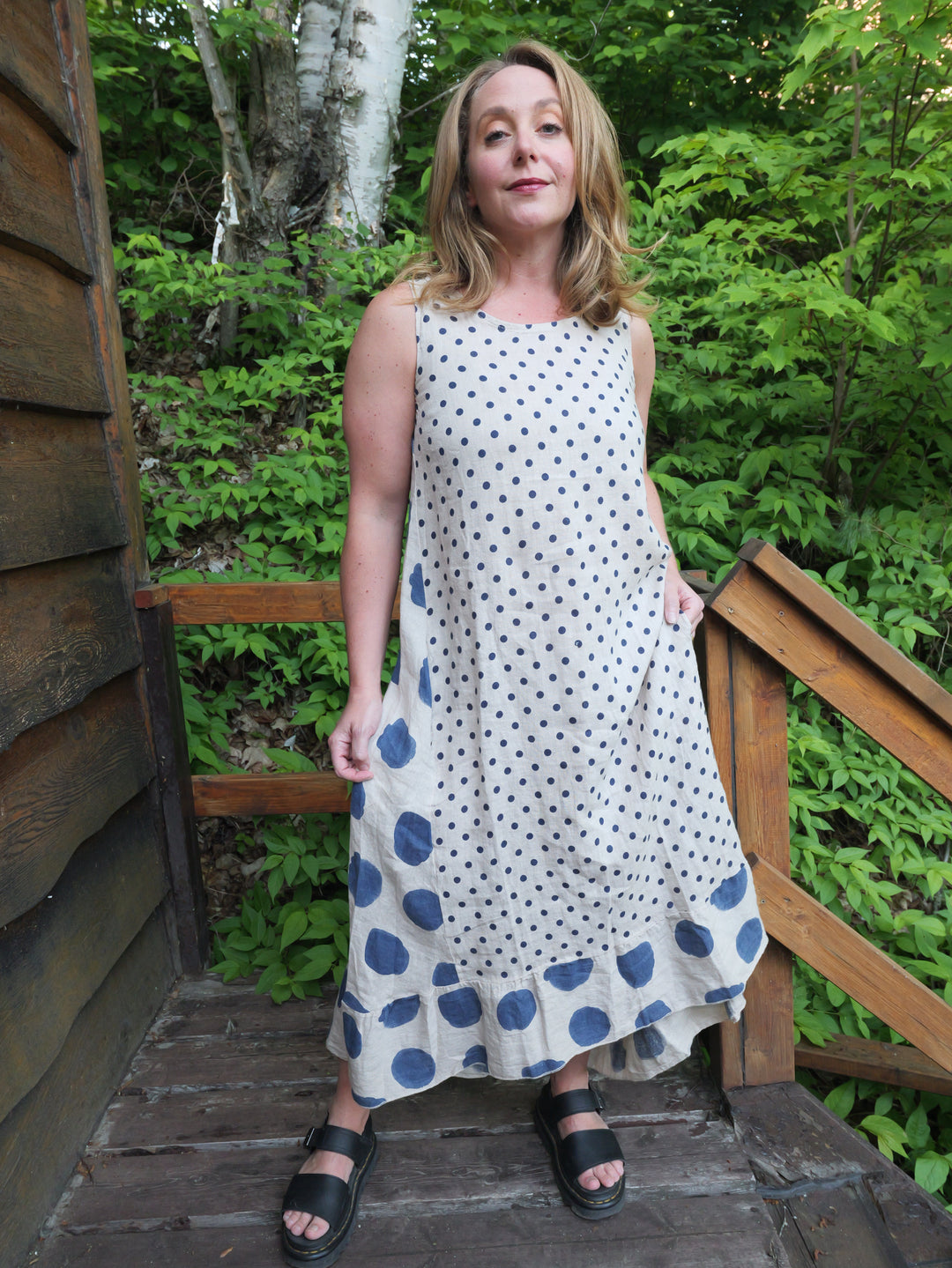 Linen Polka Dot Dress - Blue