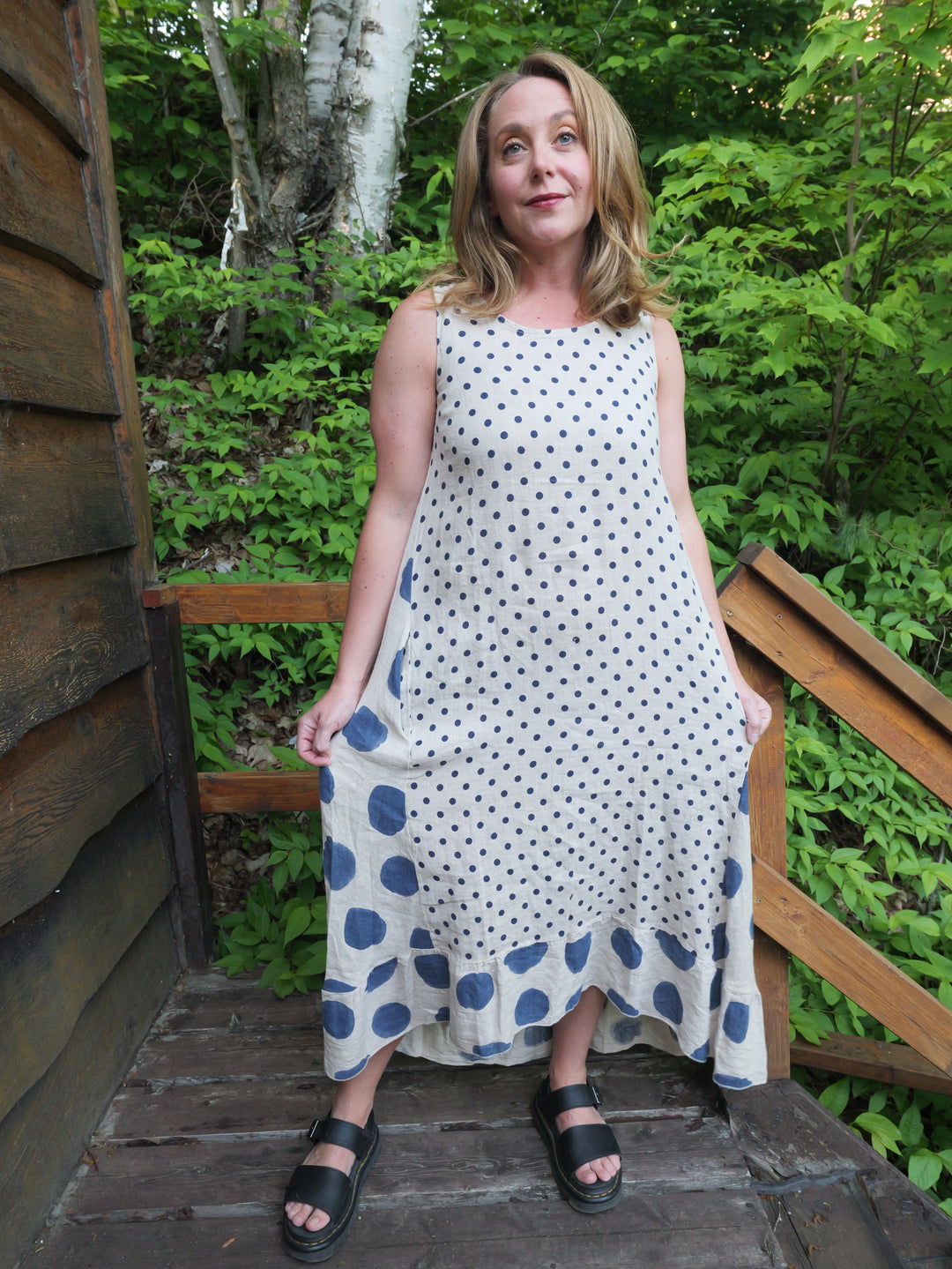 Linen Polka Dot Dress - Blue