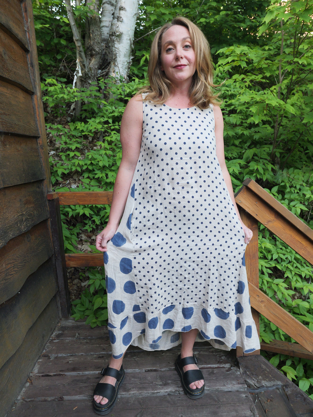 Linen Polka Dot Dress - Blue