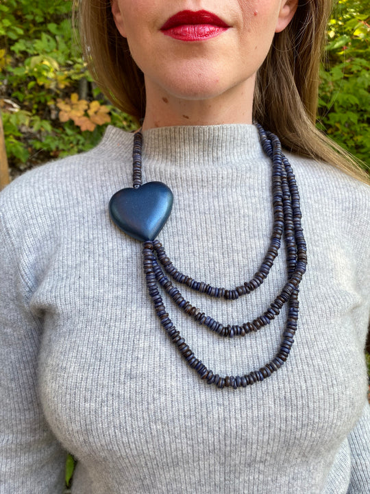 Triple Strand Coconut Bead & Wooden Heart Necklace