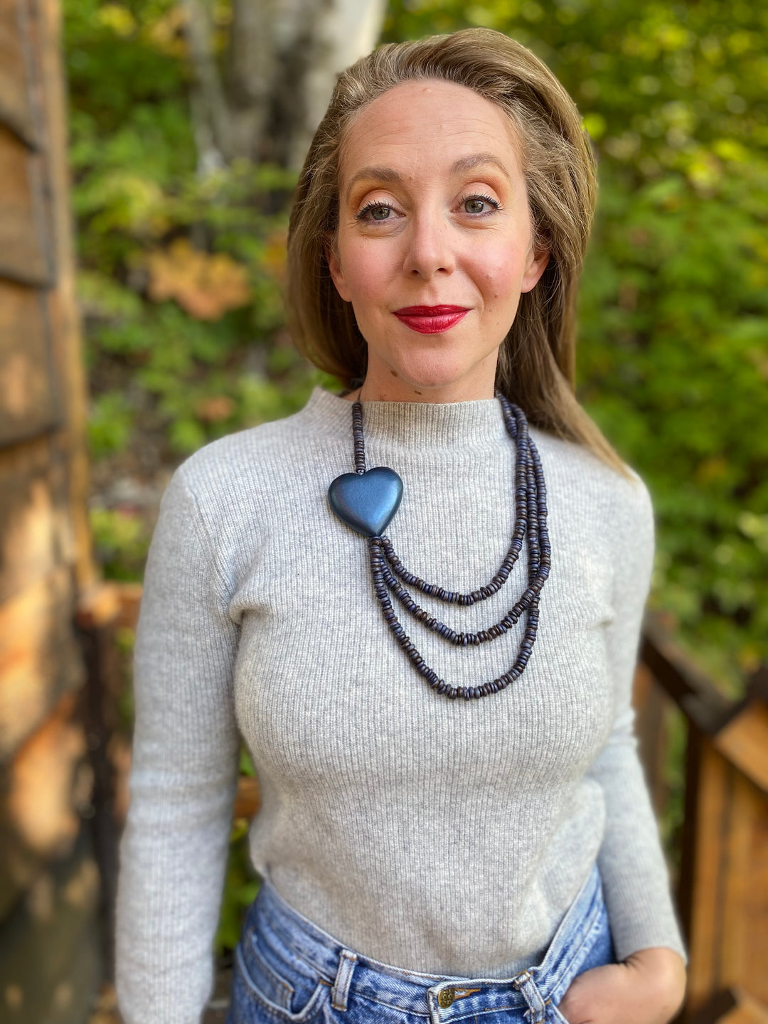 Triple Strand Coconut Bead & Wooden Heart Necklace