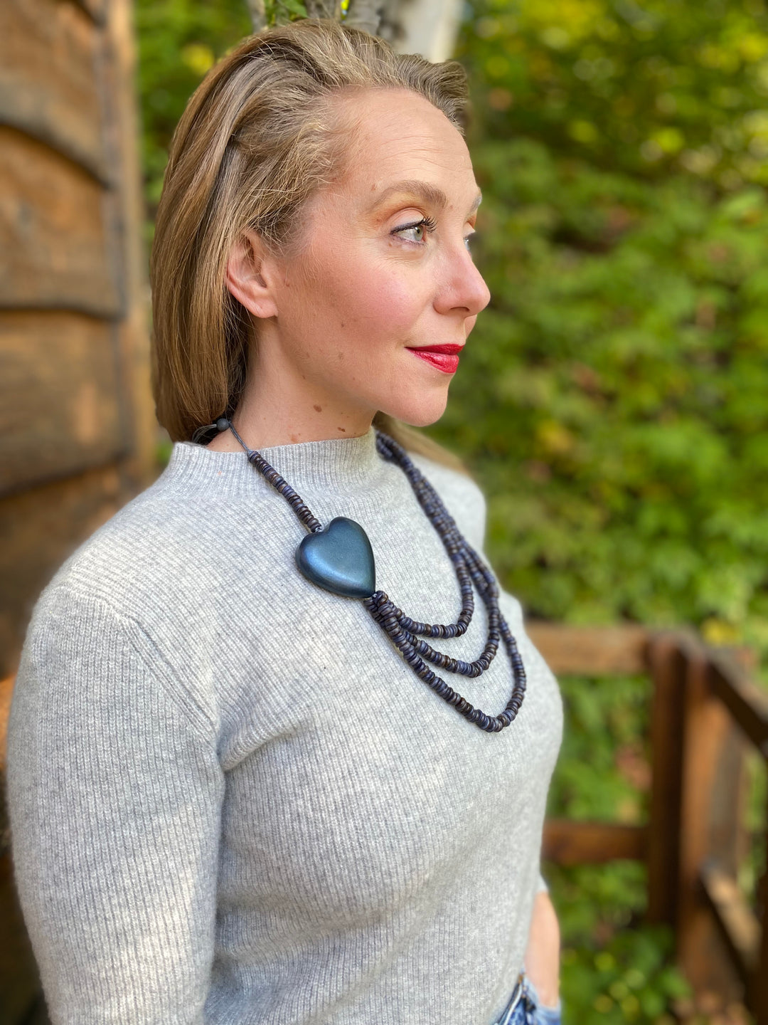 Triple Strand Coconut Bead & Wooden Heart Necklace