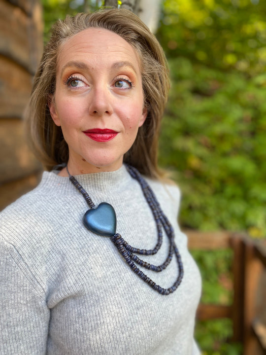 Triple Strand Coconut Bead & Wooden Heart Necklace