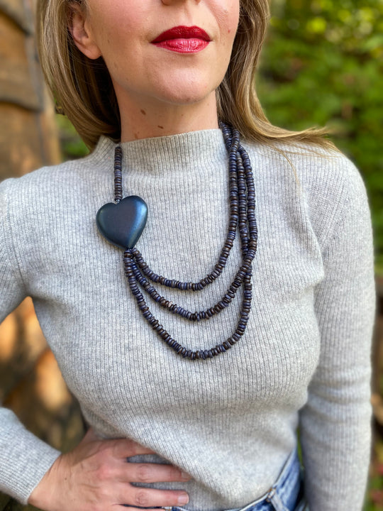 Triple Strand Coconut Bead & Wooden Heart Necklace