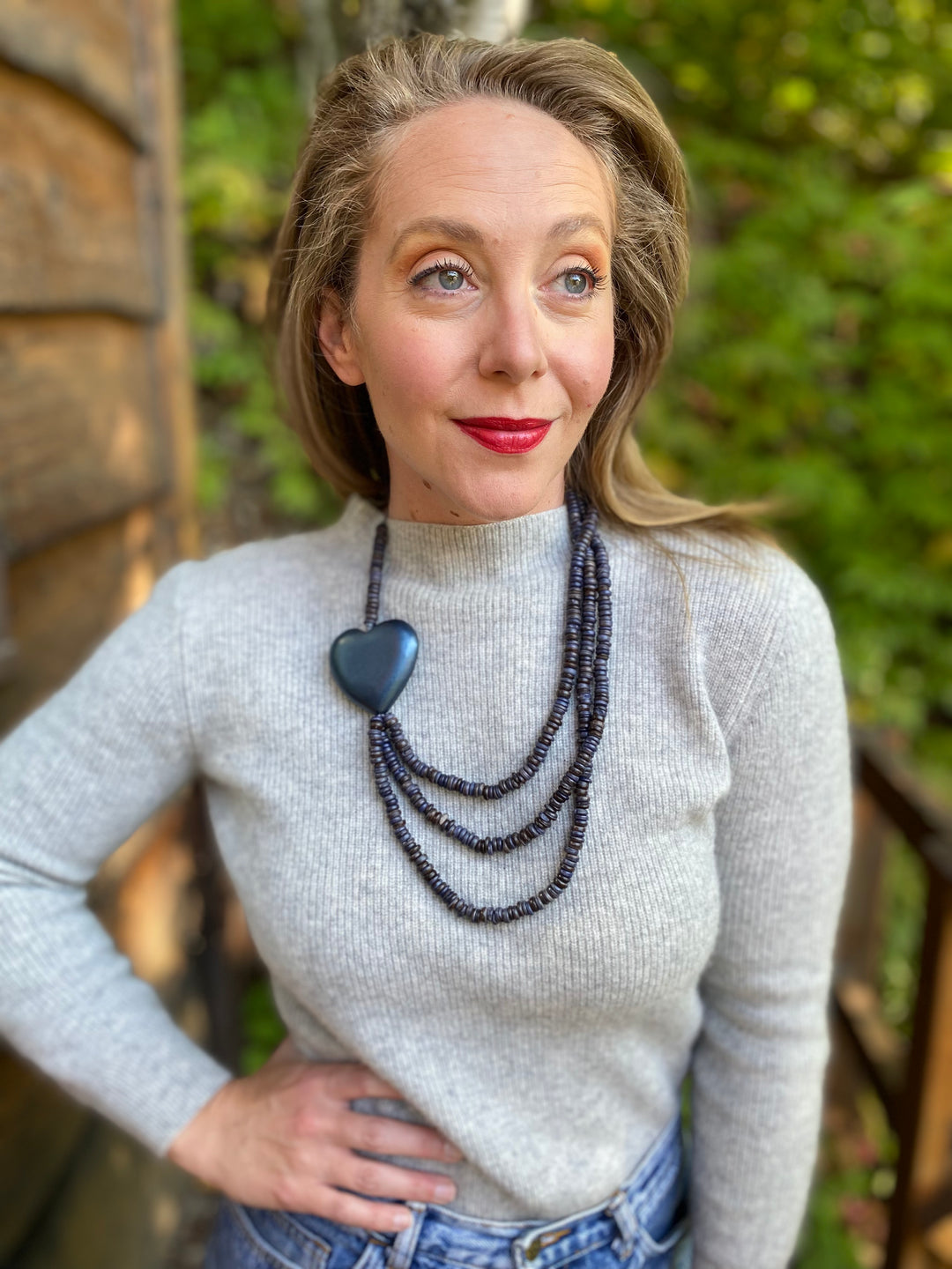 Triple Strand Coconut Bead & Wooden Heart Necklace