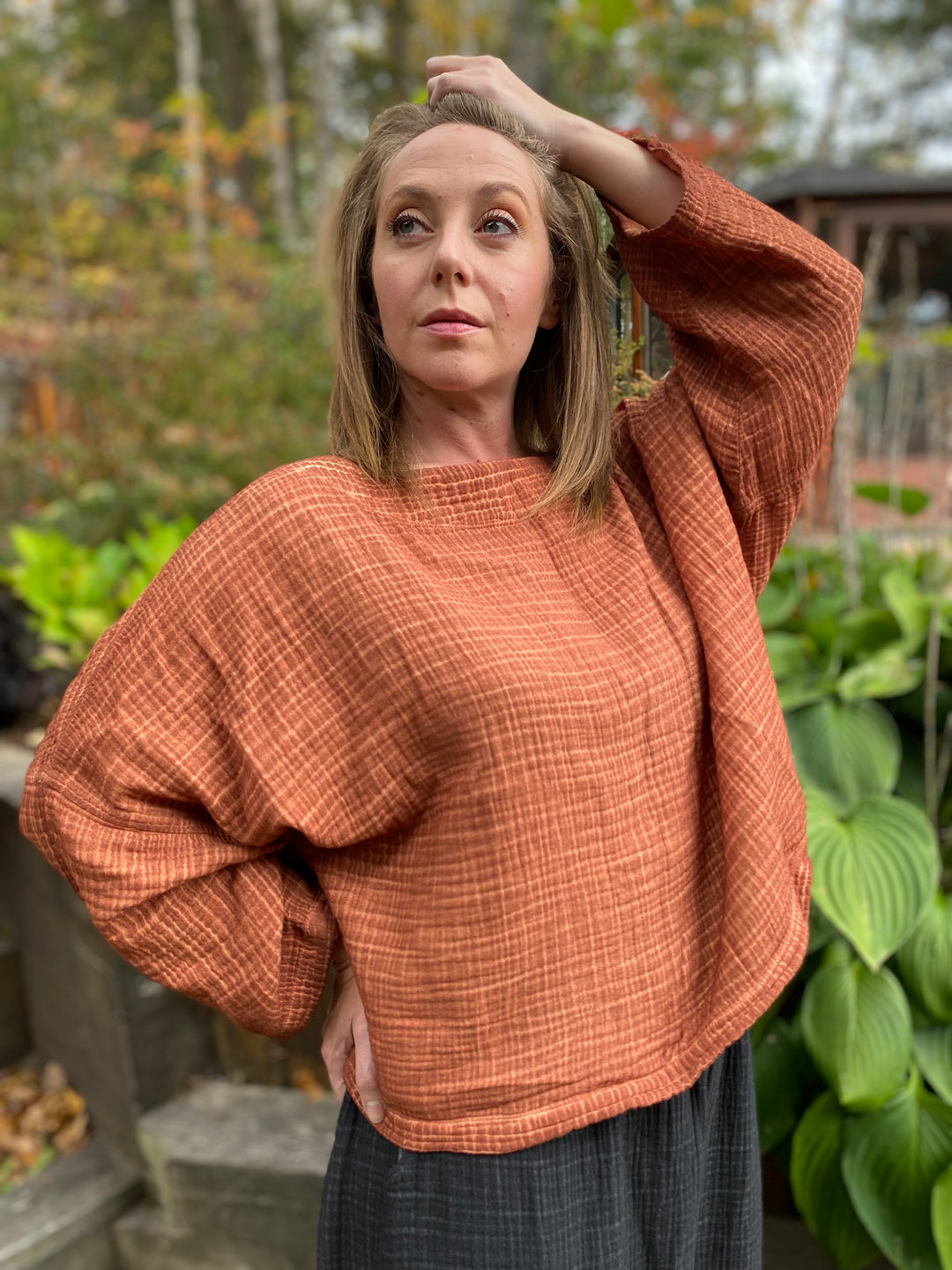 Turkish Cotton Crinkle Long Sleeve Boat Top - One-Sized - Terracotta