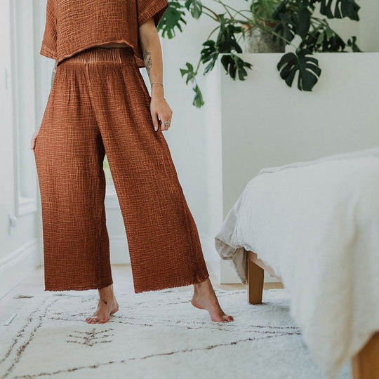 Turkish Cotton Crinkle Palazzo Pants - One-Sized - Terracotta