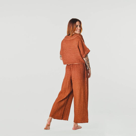 Turkish Cotton Crinkle Palazzo Pants - One-Sized - Terracotta