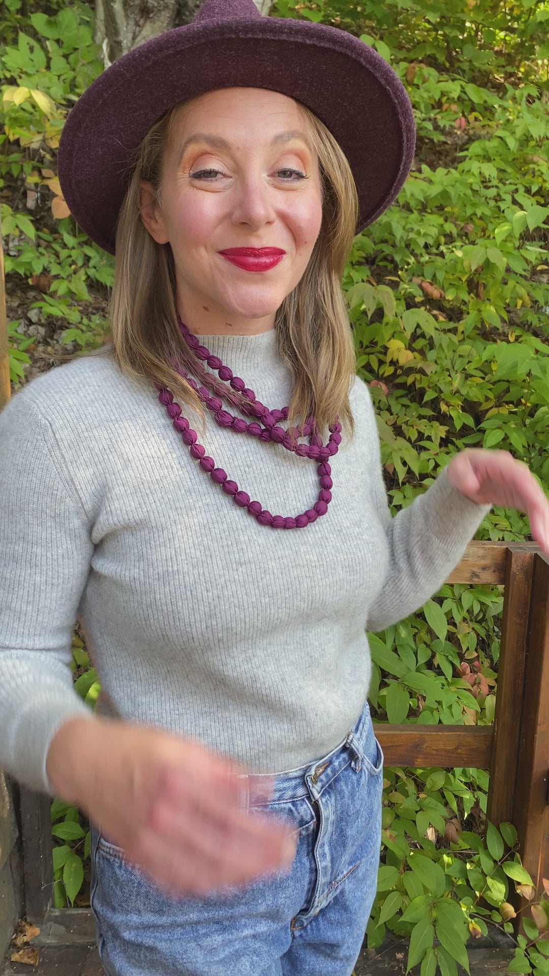 Extra Long Fabric Ball Necklace - Plum