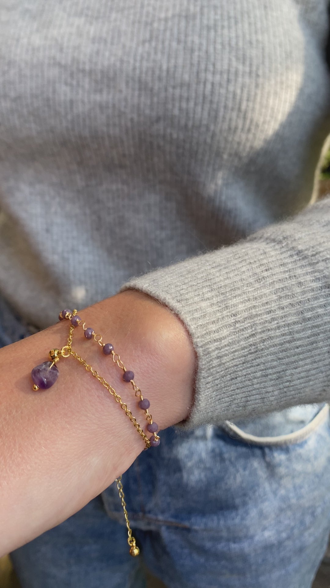 Amethyst & Glass Bead Bracelet In Gold Plate